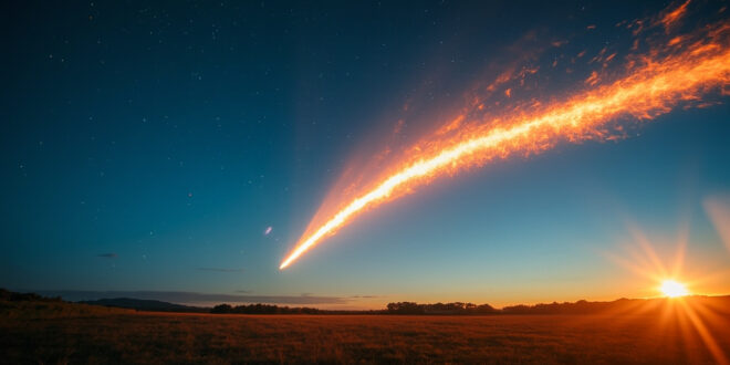 Bright fireball meteor with flaming tail streaking across clear blue daytime sky over rural landscape