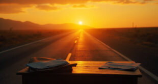 Desolate rural highway at sunrise with legal documents visible on wooden desk, illuminated by amber dawn light