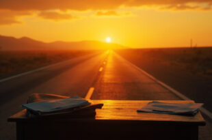 Desolate rural highway at sunrise with legal documents visible on wooden desk, illuminated by amber dawn light