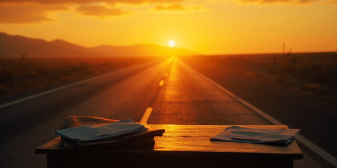 Desolate rural highway at sunrise with legal documents visible on wooden desk, illuminated by amber dawn light
