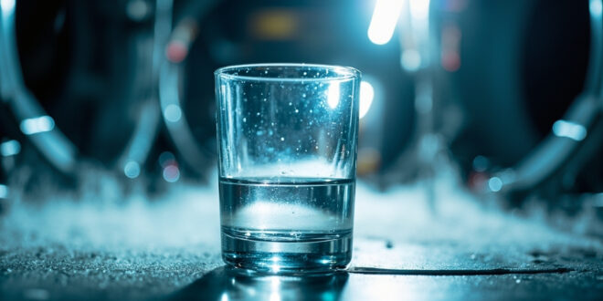 Glass of water behaving unexpectedly in zero gravity inside a sterile space station laboratory with metallic surfaces