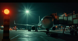 Empty commercial aircraft grounded for inspection with maintenance warning signs in deserted airport terminal at night