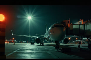 Empty commercial aircraft grounded for inspection with maintenance warning signs in deserted airport terminal at night
