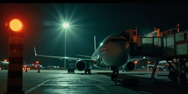 Empty commercial aircraft grounded for inspection with maintenance warning signs in deserted airport terminal at night