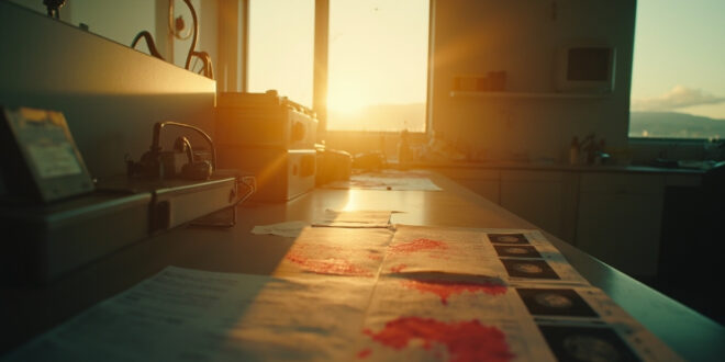 Empty medical examination room with warning documents, brain scans, and abandoned equipment in sterile hospital laboratory at dawn