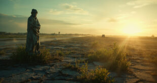 Weathered memorial statue stands on cracked, weed-covered abandoned airport runway at dawn, symbolizing aviation tragedy