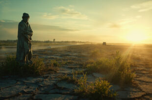 Weathered memorial statue stands on cracked, weed-covered abandoned airport runway at dawn, symbolizing aviation tragedy