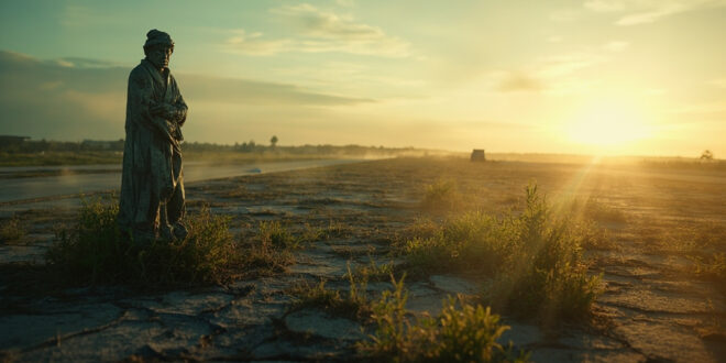Weathered memorial statue stands on cracked, weed-covered abandoned airport runway at dawn, symbolizing aviation tragedy