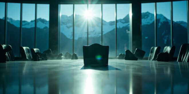 Empty chair with nameplate at oval conference table overlooking Rocky Mountains, symbolizing diplomatic absence
