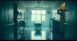 Empty hospital room with unused medical equipment and vacant bed with monitors in sterile corridor at dawn