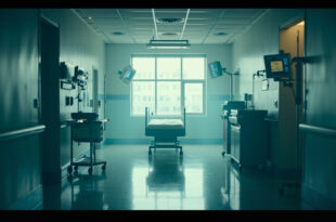 Empty hospital room with unused medical equipment and vacant bed with monitors in sterile corridor at dawn
