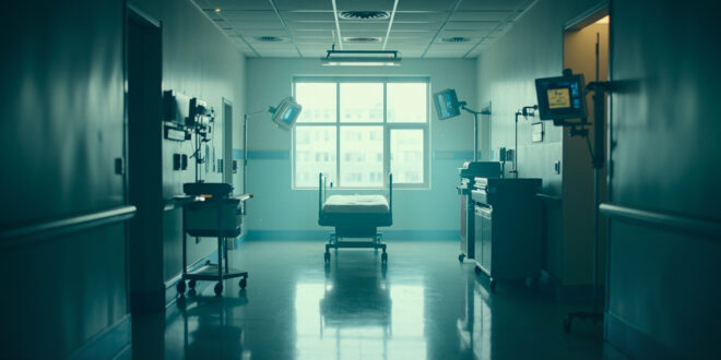 Empty hospital room with unused medical equipment and vacant bed with monitors in sterile corridor at dawn
