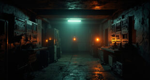 Abandoned command bunker with dead screens and silent equipment illuminated by amber warning lights in darkness