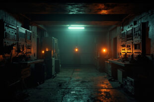 Abandoned command bunker with dead screens and silent equipment illuminated by amber warning lights in darkness