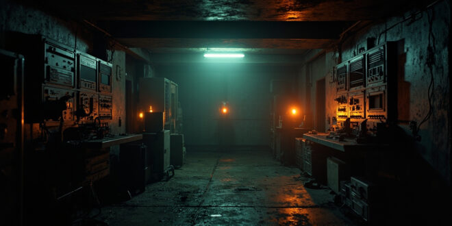 Abandoned command bunker with dead screens and silent equipment illuminated by amber warning lights in darkness