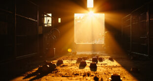Abandoned animal rescue center at golden hour, with empty feeding bowls, unused equipment and vacant enclosures