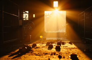 Abandoned animal rescue center at golden hour, with empty feeding bowls, unused equipment and vacant enclosures