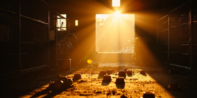 Abandoned animal rescue center at golden hour, with empty feeding bowls, unused equipment and vacant enclosures