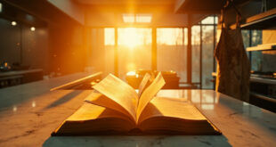 Empty professional kitchen at dawn with open cookbook on marble counter and chef's apron hanging on a hook