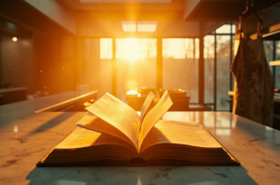 Empty professional kitchen at dawn with open cookbook on marble counter and chef's apron hanging on a hook
