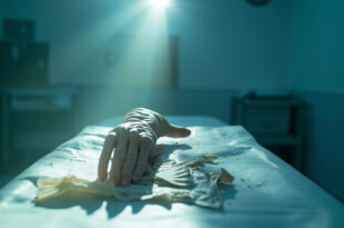 Anatomical hand model on examination table with empty medical gloves and nerve diagram in sterile medical room
