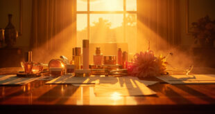 Luxury cosmetics display with ornate perfume bottles and business documents on empty executive desk in elegant boardroom at sunset