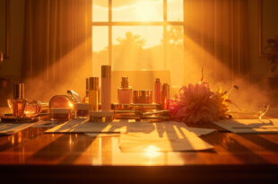 Luxury cosmetics display with ornate perfume bottles and business documents on empty executive desk in elegant boardroom at sunset