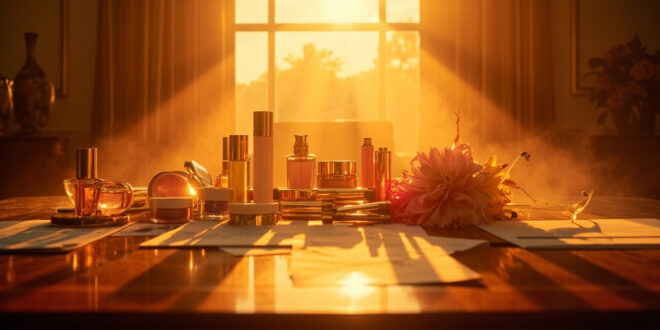 Luxury cosmetics display with ornate perfume bottles and business documents on empty executive desk in elegant boardroom at sunset