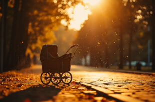Abandoned vintage baby carriage sits on cobblestone path in peaceful autumn park, bathed in golden light