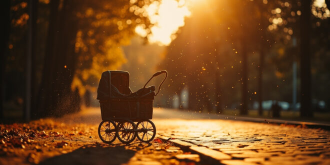 Abandoned vintage baby carriage sits on cobblestone path in peaceful autumn park, bathed in golden light
