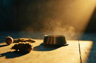Empty dog bowl and abandoned toys in a softly lit corner of an animal shelter, symbolizing waiting for new beginnings.