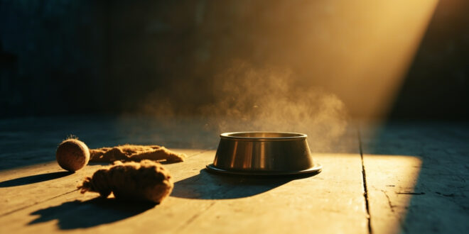 Empty dog bowl and abandoned toys in a softly lit corner of an animal shelter, symbolizing waiting for new beginnings.