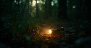 Abandoned search equipment including flashlights scattered across forest floor in Ohio woodland at dawn