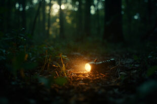 Abandoned search equipment including flashlights scattered across forest floor in Ohio woodland at dawn