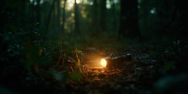 Abandoned search equipment including flashlights scattered across forest floor in Ohio woodland at dawn