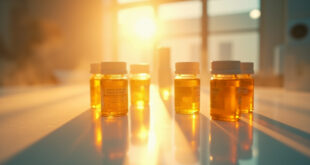Modern medicine bottles illuminated by golden hour light in a sterile laboratory setting, symbolizing medical breakthrough