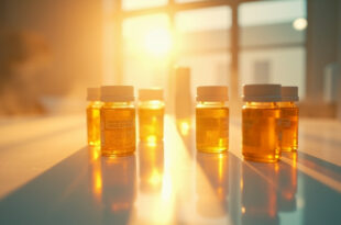 Modern medicine bottles illuminated by golden hour light in a sterile laboratory setting, symbolizing medical breakthrough