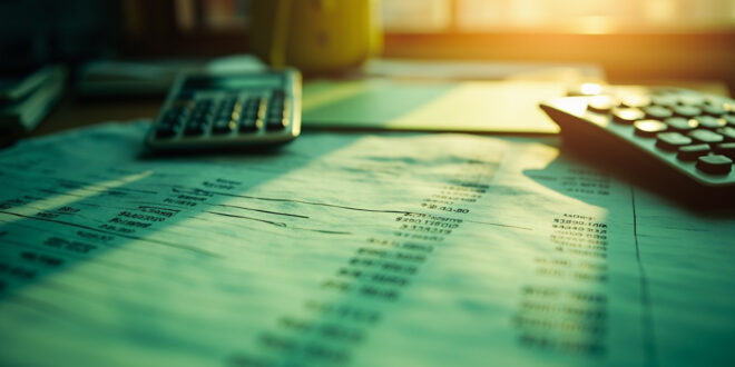 Clean, minimalist workspace with calculator, budget spreadsheet and financial planning documents in green and white colors