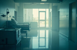 Empty hospital room with monitoring equipment and abandoned medical chart at dawn, documenting the aftermath of a cancer battle.