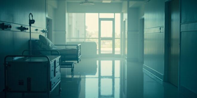 Empty hospital room with monitoring equipment and abandoned medical chart at dawn, documenting the aftermath of a cancer battle.