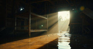 Flooded summer camp cabin interior at dawn showing partially submerged wooden bunk beds beneath exposed rafters