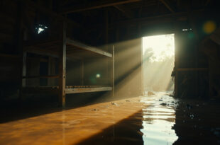 Flooded summer camp cabin interior at dawn showing partially submerged wooden bunk beds beneath exposed rafters