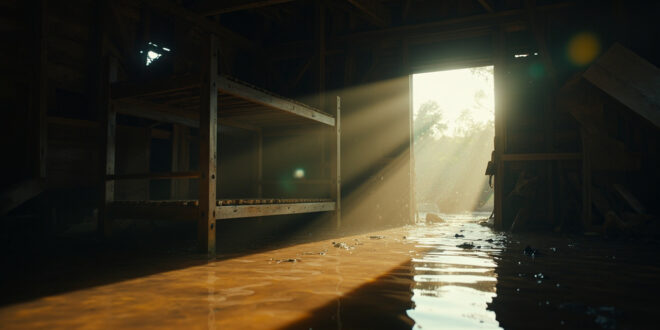 Flooded summer camp cabin interior at dawn showing partially submerged wooden bunk beds beneath exposed rafters