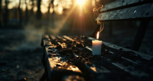 Extinguished memorial candle on an empty bench in an abandoned playground at dusk, surrounded by burned children's items