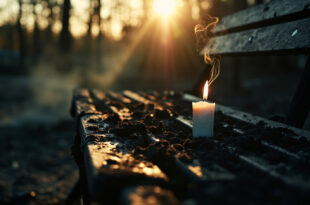 Extinguished memorial candle on an empty bench in an abandoned playground at dusk, surrounded by burned children's items