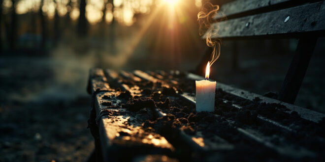 Extinguished memorial candle on an empty bench in an abandoned playground at dusk, surrounded by burned children's items