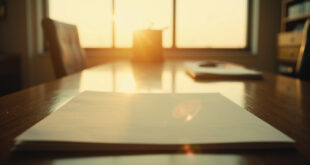 Empty document folder and blank paper on wooden desk in minimalist office space at dawn, bathed in soft gray light