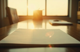 Empty document folder and blank paper on wooden desk in minimalist office space at dawn, bathed in soft gray light
