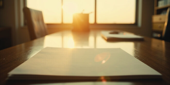 Empty document folder and blank paper on wooden desk in minimalist office space at dawn, bathed in soft gray light
