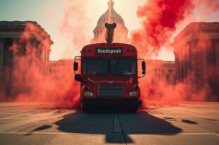 Abandoned protest bus with rooftop loudspeakers stands isolated in empty government plaza after disruption